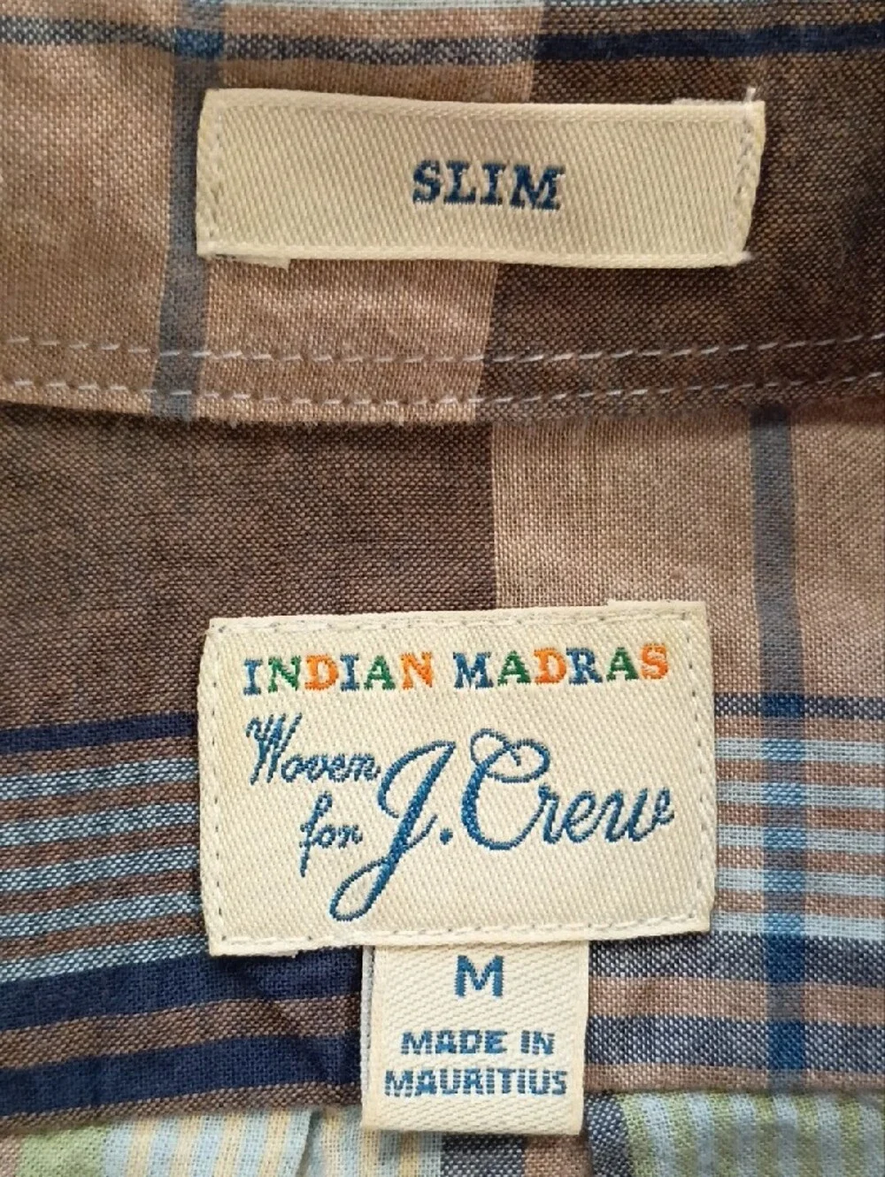 J.Crew Slim Indian Madras Plaid Button Down Shirt Blue Brown Men's Medium